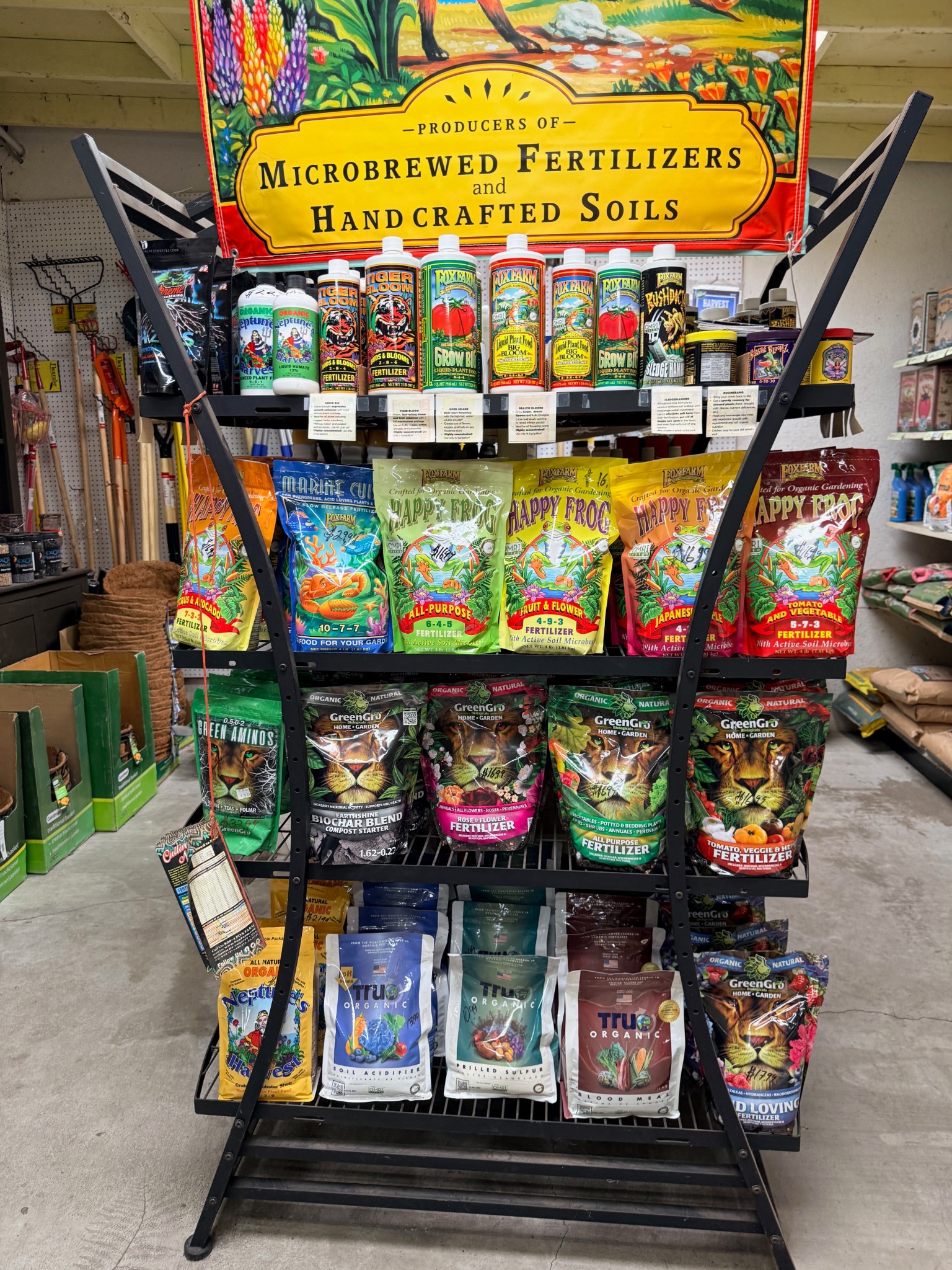 Fertilizer display featuring FoxFarm and related dry goods at Lincoln Avenue Nursery