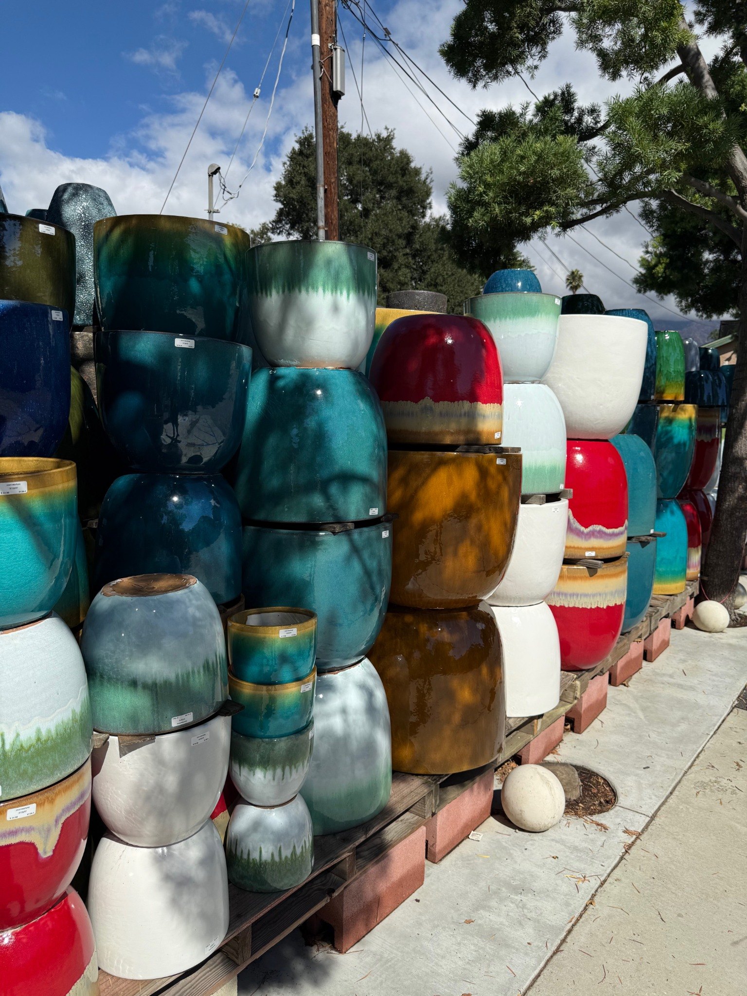Large colorful glazed pots and planters at Lincoln Avenue Nursery