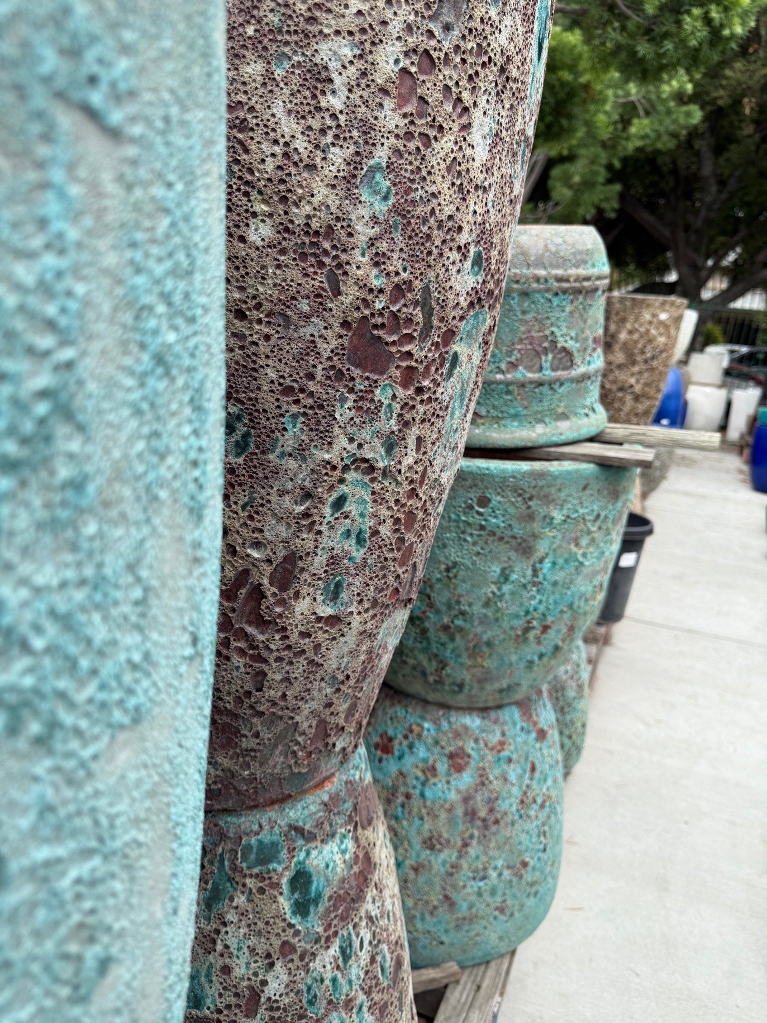 Textured specialty-glaze planters at Lincoln Avenue Nursery
