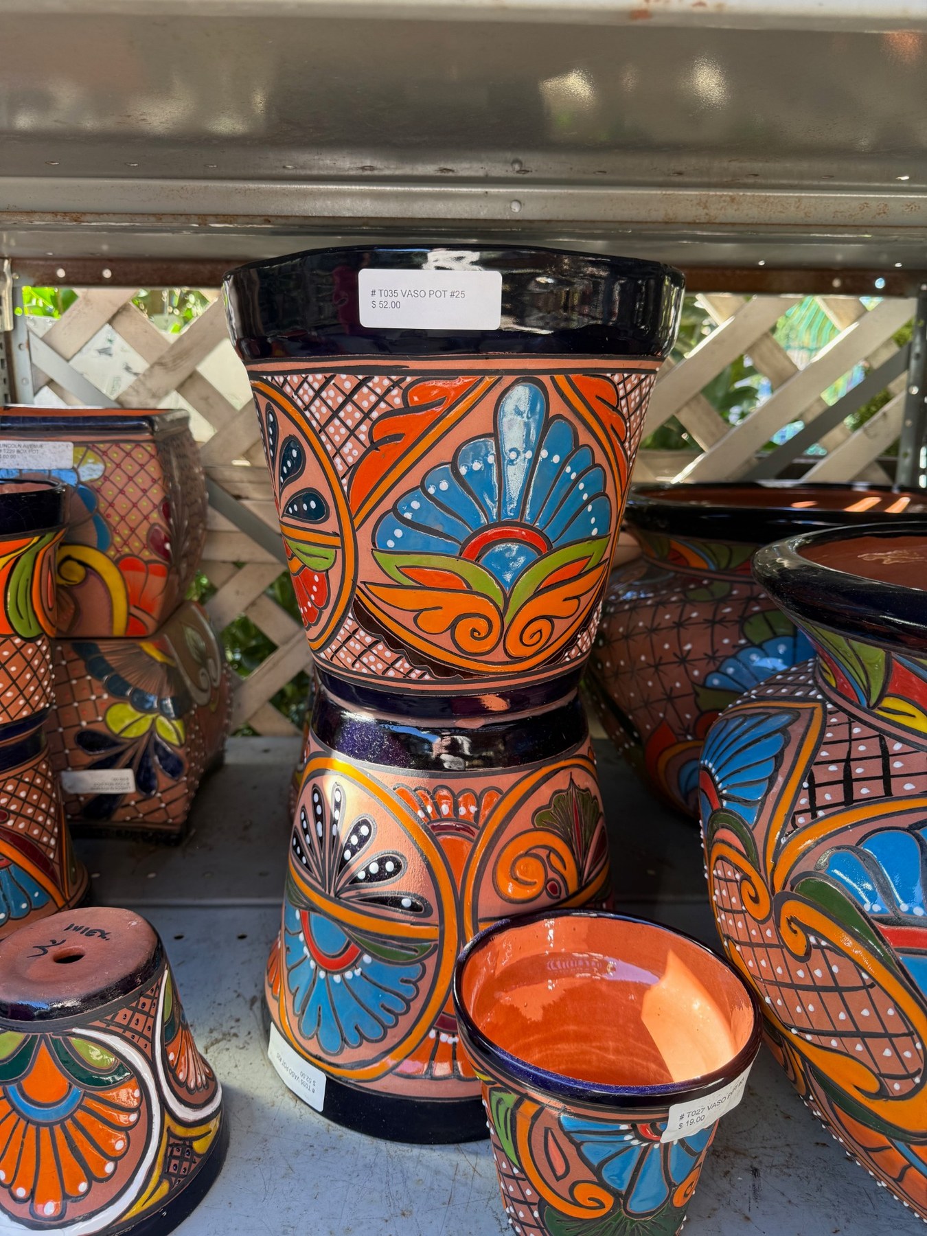 Close view of hand-painted Talavera pottery at Lincoln Avenue Nursery